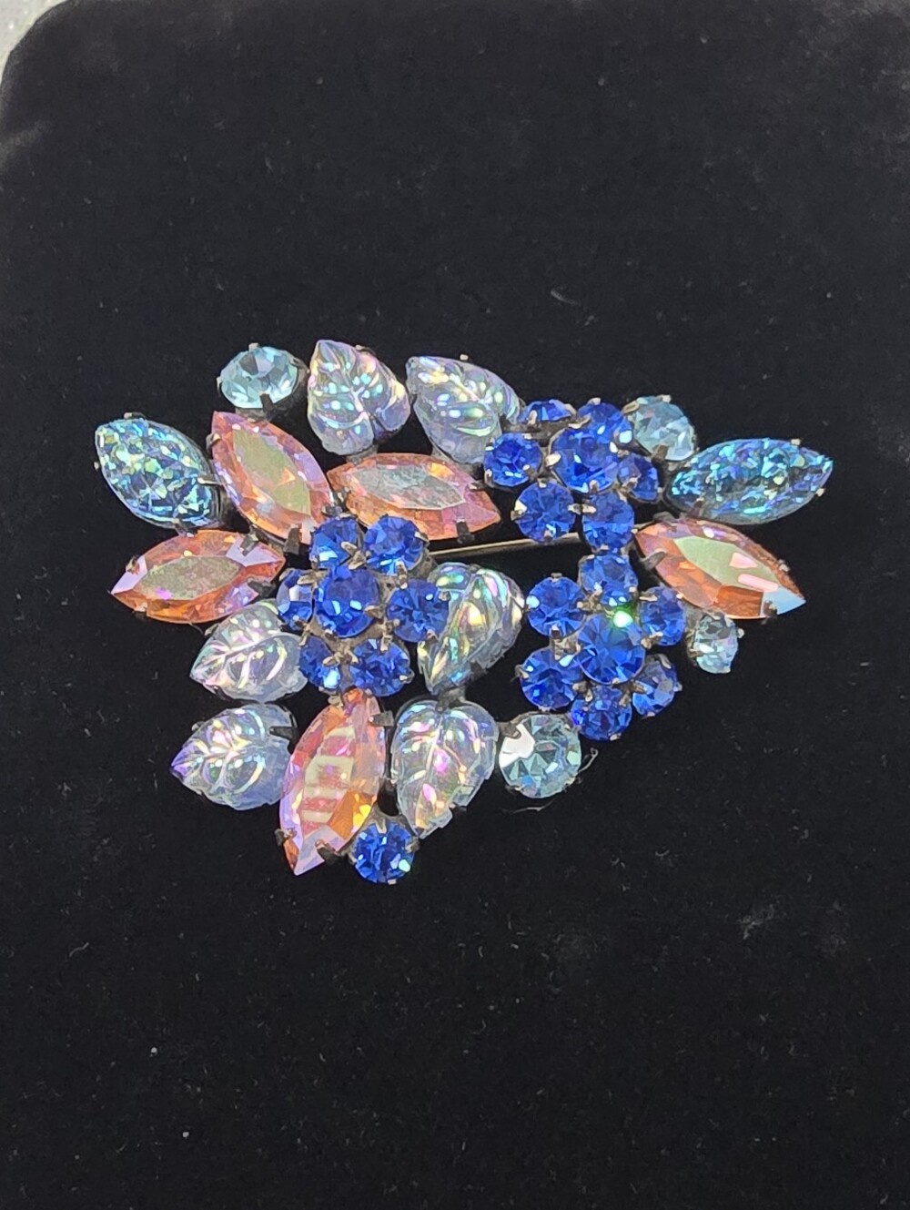 Vintage Blue Crystal Floral Rhinestone & Molded Glass Leaves Brooch
